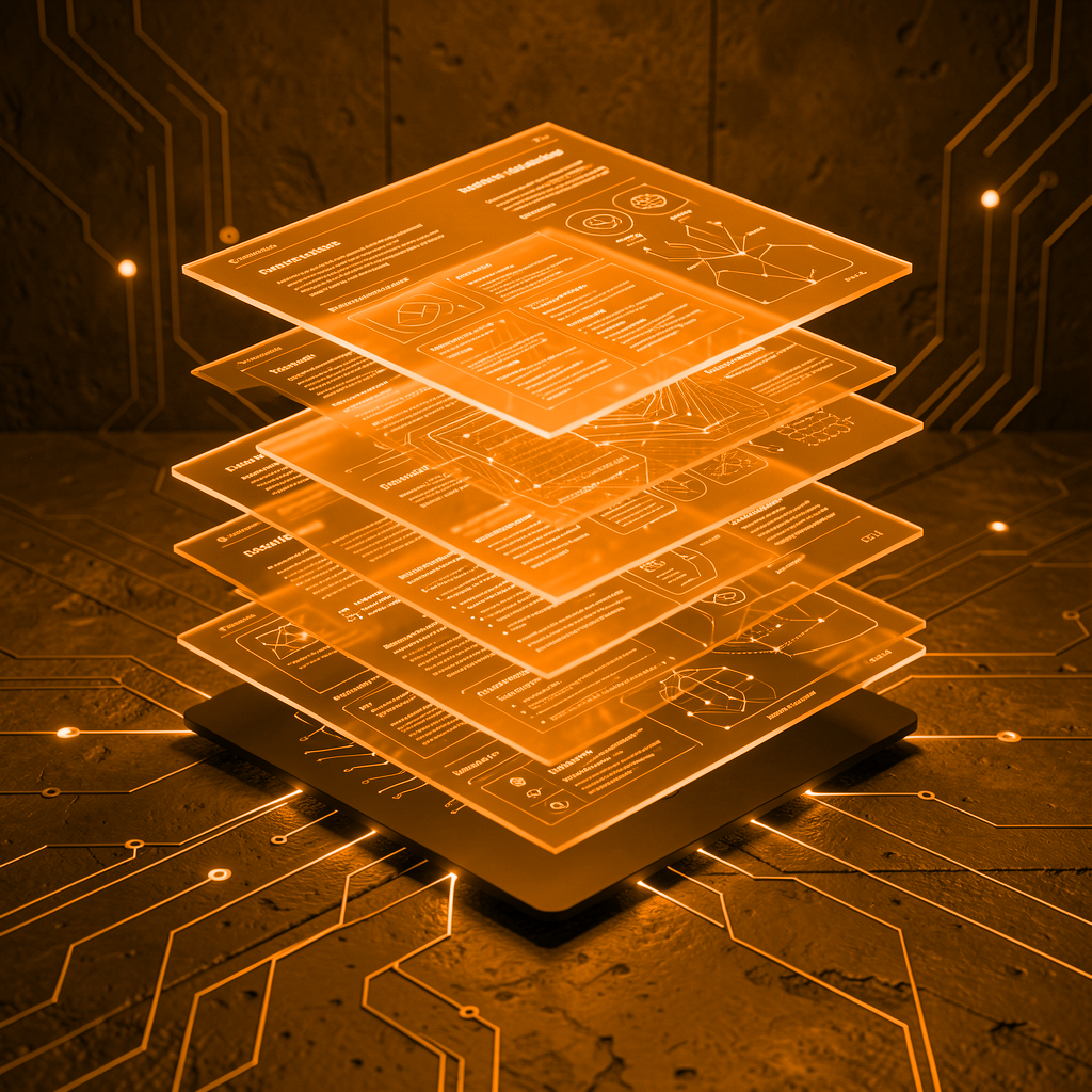 Stacked translucent orange interface layers floating above a hardware base plate on a circuit-etched surface, illuminated in an orange hue.