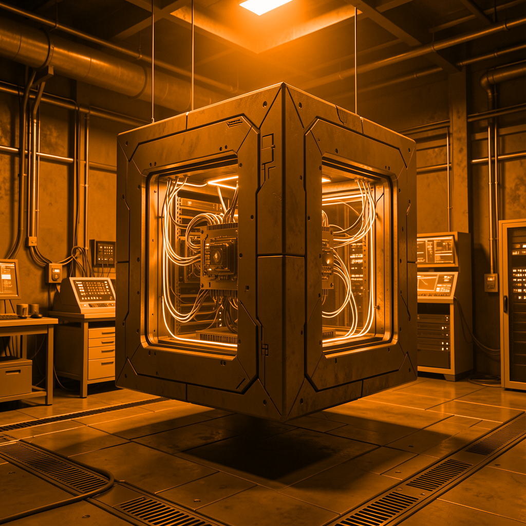 Stacked translucent orange interface layers floating above a hardware base plate on a circuit-etched surface, illuminated in an orange hue.