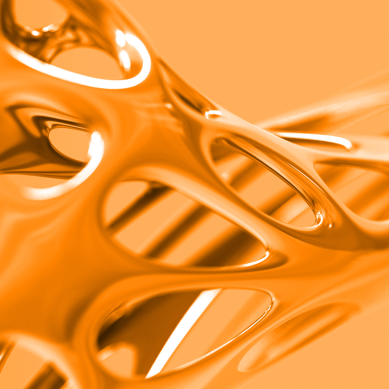 Close-up of a smooth, organic-shaped structure with flowing curves and openings, rendered in a metallic orange hue.