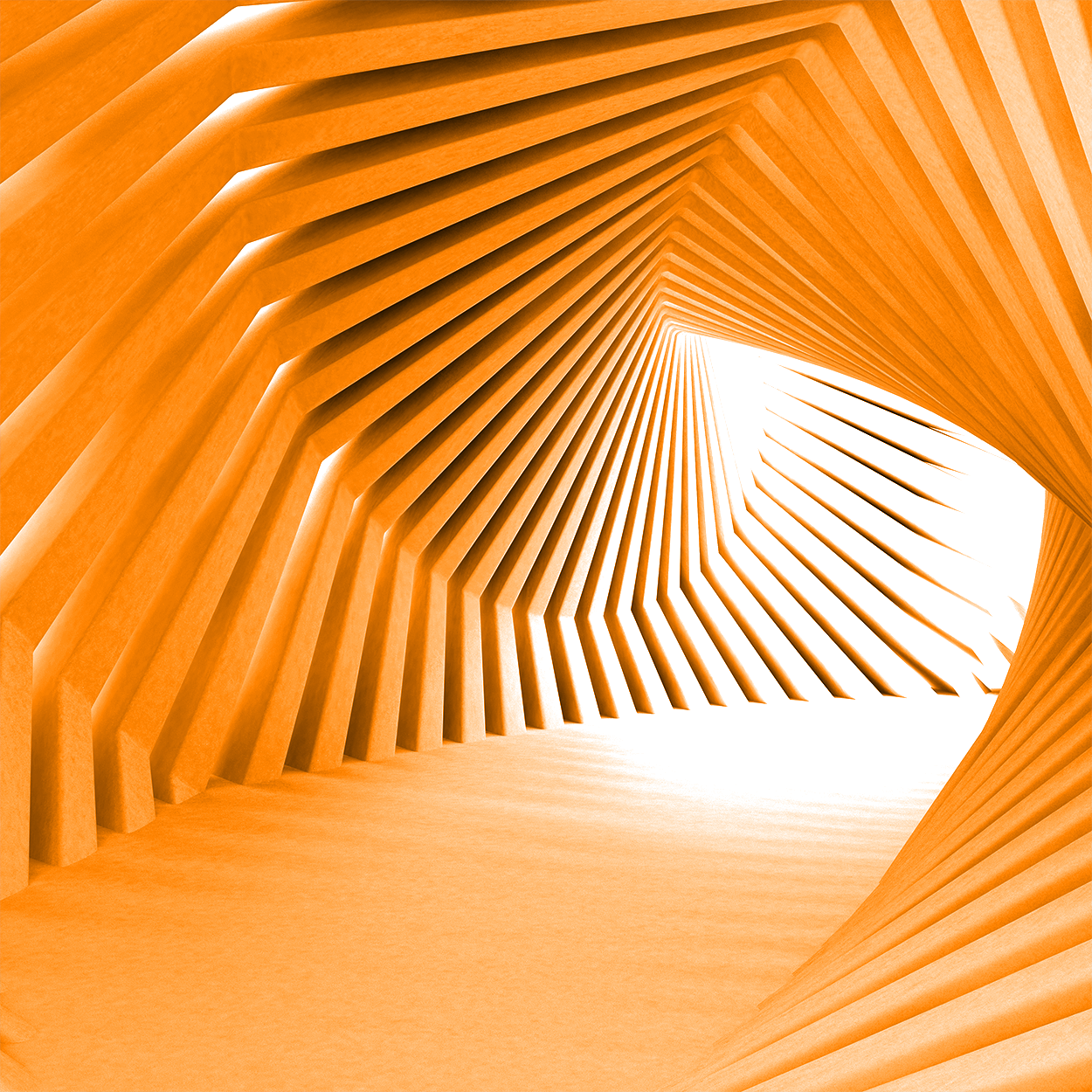Abstract tunnel made of evenly spaced, angled lamellas creating a dynamic, spiraling effect, rendered in an orange hue.