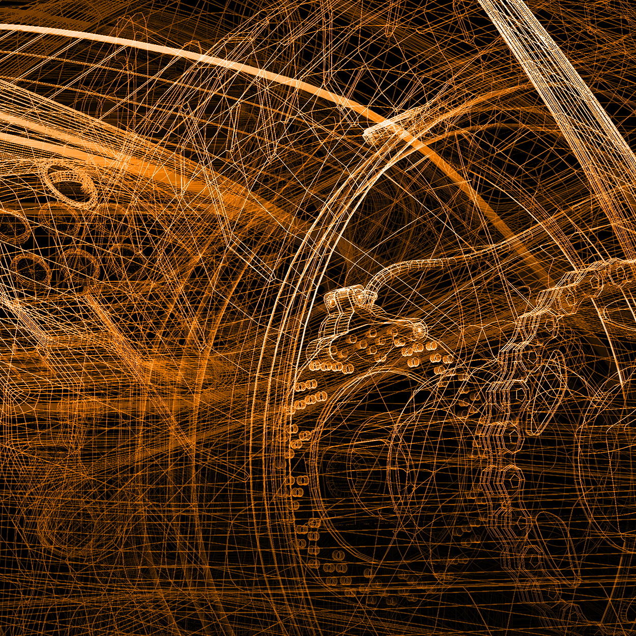 Intricate wireframe rendering of gears and mechanical components, displayed in a detailed and interconnected orange grid.