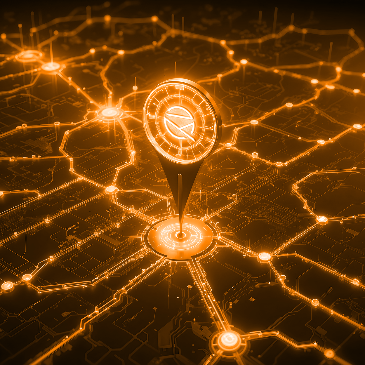 Digital map with a glowing location pin connected to a network of circuits, all illuminated in an orange hue.
