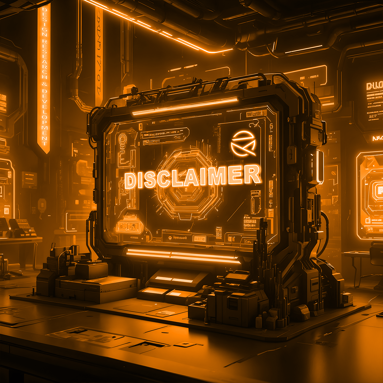 High-tech diorama room filled with digital screens and devices displaying legal and data protection information, with a prominent 'DISCLAIMER' message glowing in an orange hue.