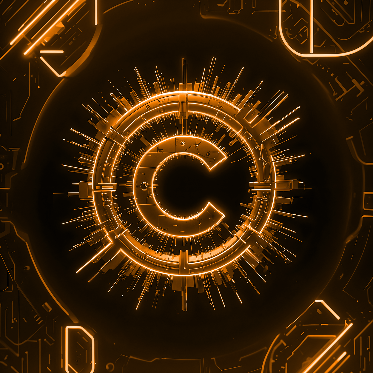 Futuristic glowing copyright symbol 'C' surrounded by intricate circuit patterns and radiant spikes, rendered in an orange hue.