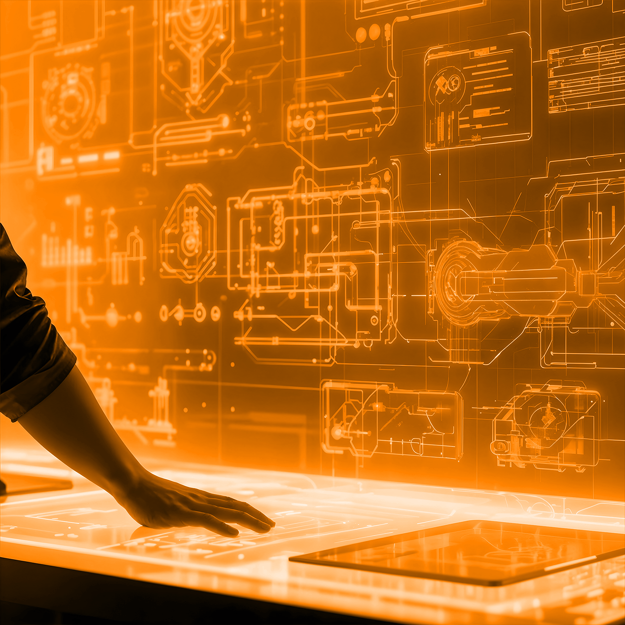 Person interacting with a futuristic see-through display interface displaying architectural plans and diagrams, illuminated in an orange hue.