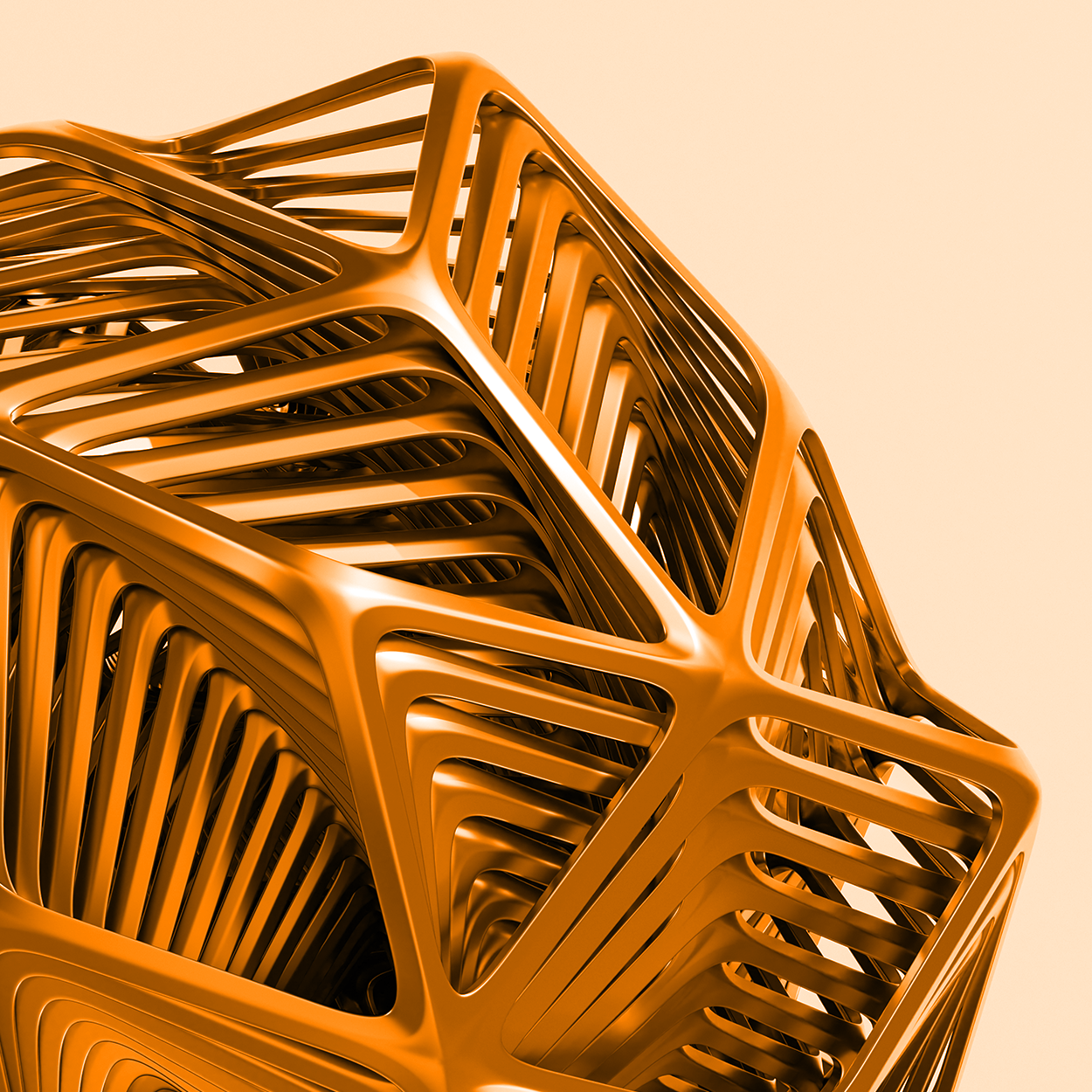 Abstract geometric structure with intricate, interlocking, and curved elements, rendered in a metallic orange hue.