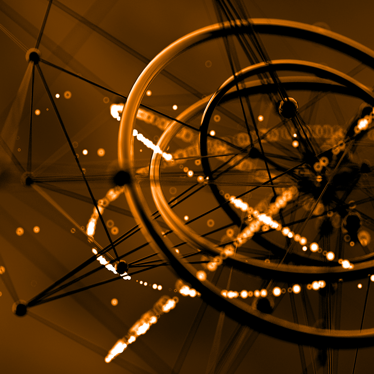 Abstract visualization of atomic structures with interconnected spheres and glowing rings, rendered in an orange hue.