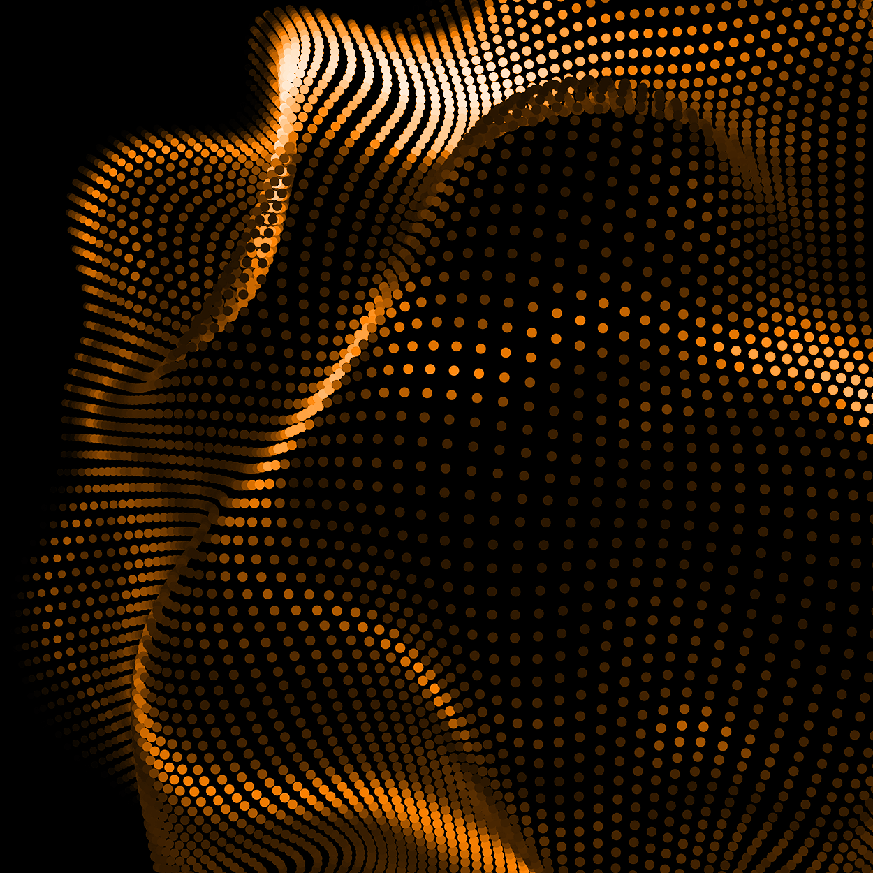 Abstract flowing shape made up of dynamic orange and black dots, creating a wave-like pattern against a dark background.