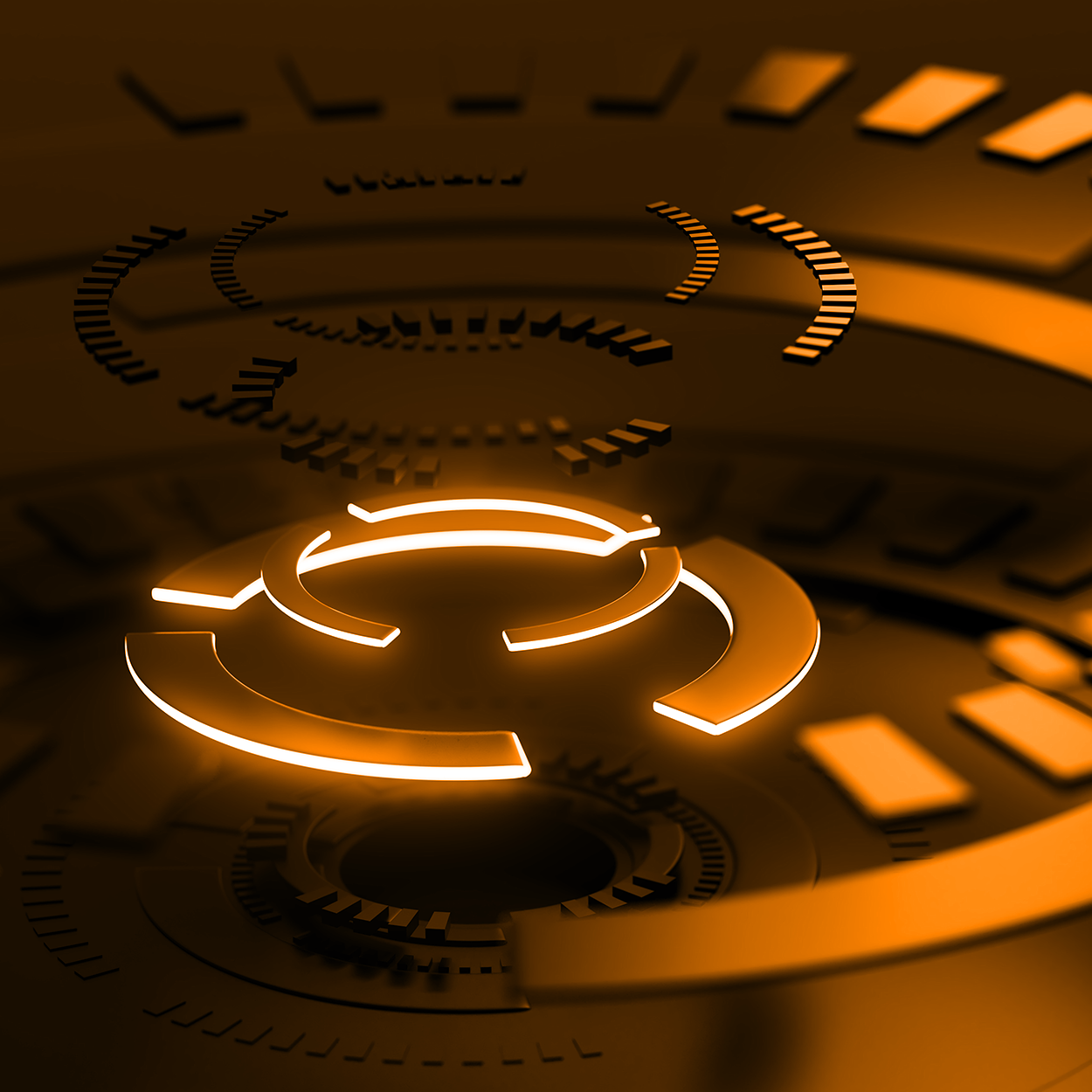 Futuristic, glowing circular interface elements arranged in layers, creating a dynamic, high-tech visual effect in an orange hue.