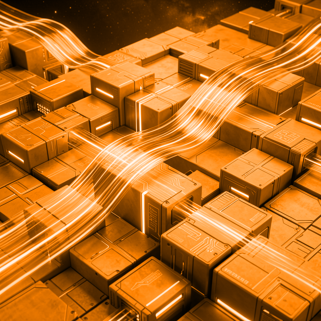 Three-dimensional grid of orange server-like cubes with glowing light trails flowing between them, rendered in an orange hue.