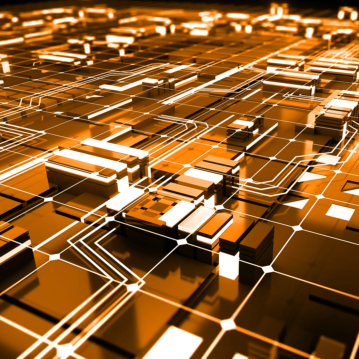 Futuristic digital circuit board with interconnected pathways and raised components, rendered in an orange hue.