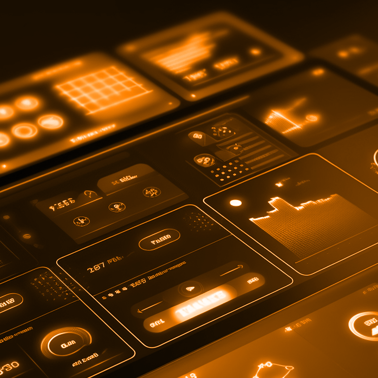 Close-up of multiple futuristic user interface screens with various data visualizations and controls, illuminated in an orange hue.