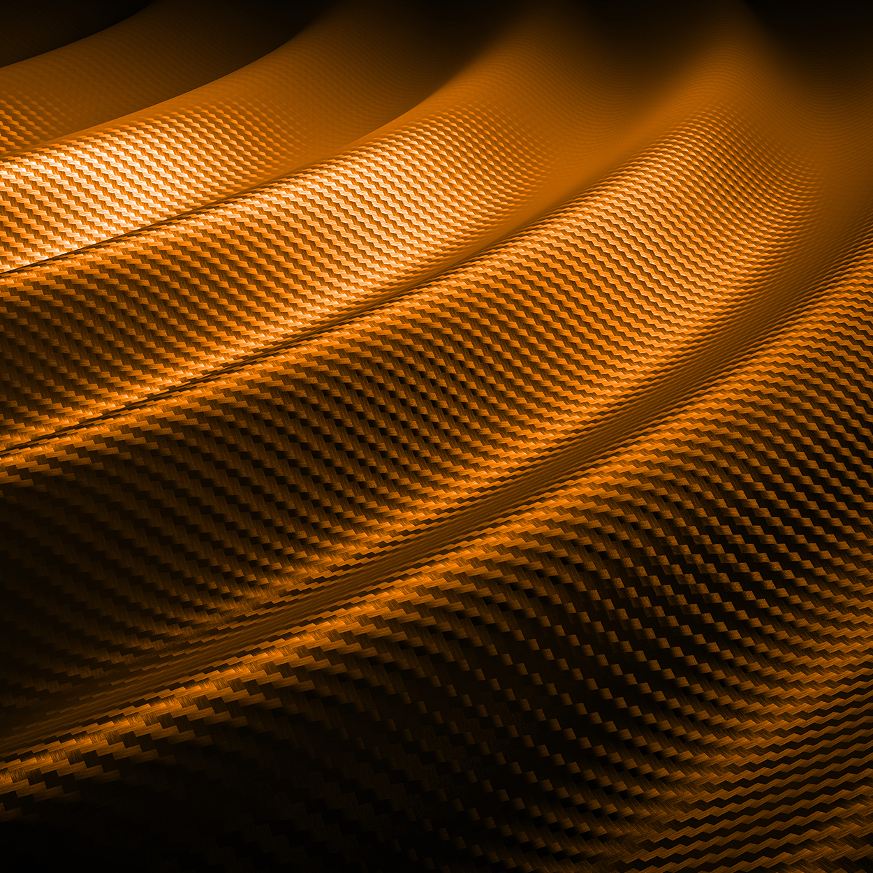 Close-up of a wavy textured surface with a woven carbon fiber pattern, illuminated in an orange hue.